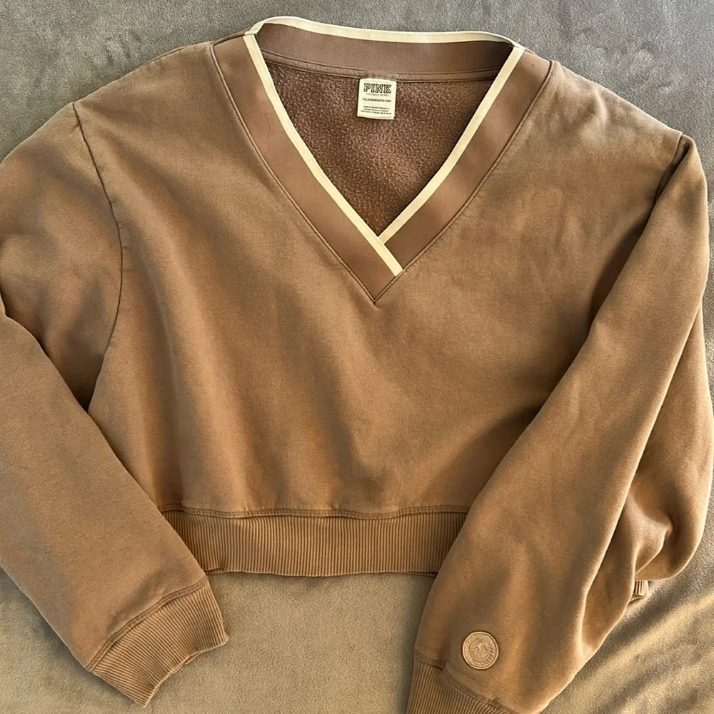 Pink v neckline cropped sweatshirt in mauve brown fleece long sleeves Sz xxl - Picture 1 of 8